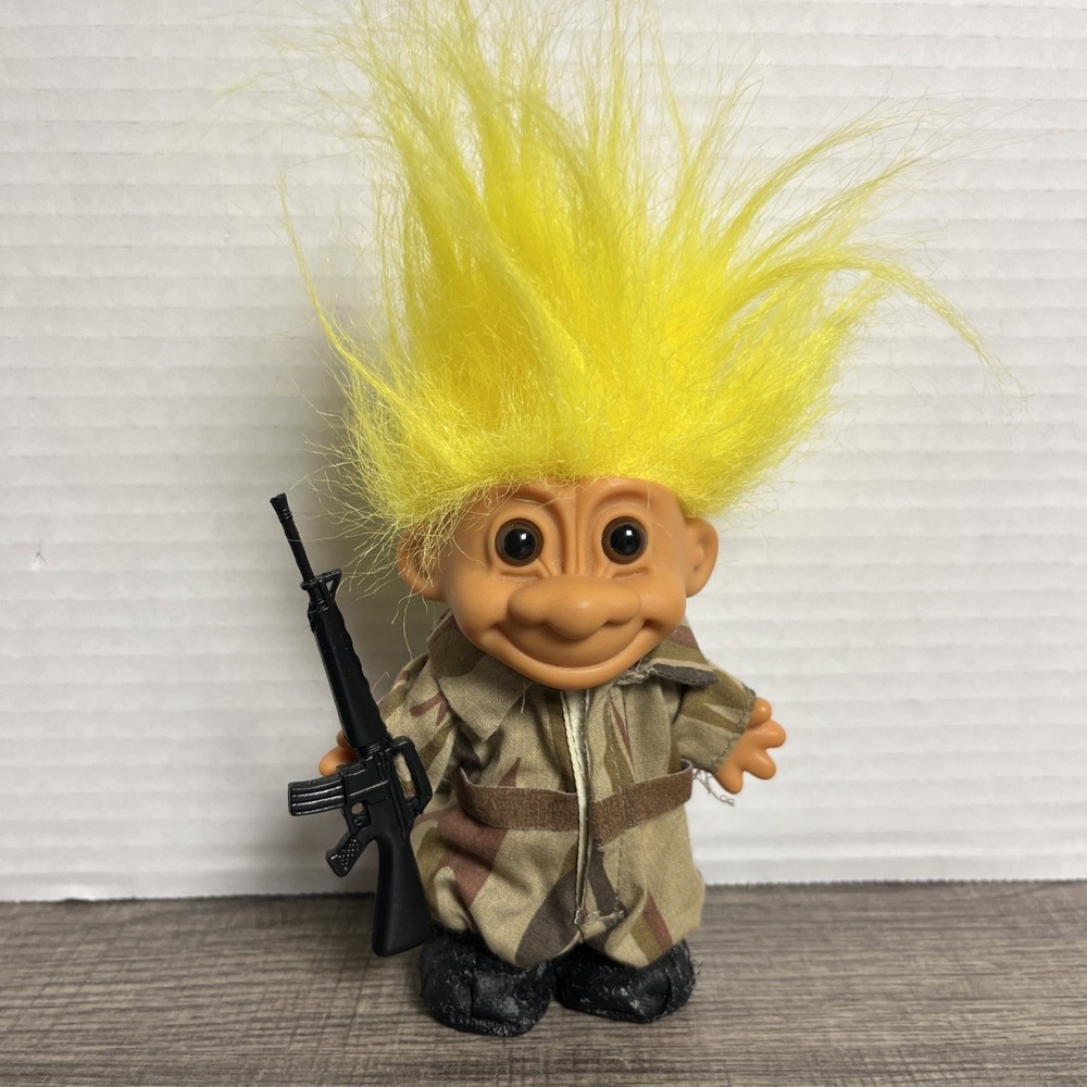 Vintage Russ 5" Tall Troll Doll Army Military Soldier Gun Rifle Camo Yellow Hair